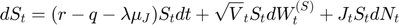 $$ d S_t = (r - q -\lambda\mu_J) S_tdt + \sqrt V_t S_t dW_{t}^{(S)} + J_tS_tdN_t $$