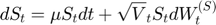 $$ d S_t = \mu S_tdt + \sqrt V_t S_t dW_{t}^{(S)} $$